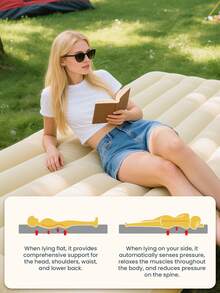 Car Backseat Inflatable Mattress Portable Travel Mattress Thickened Vehicle Camping Mattress Universal Inflatable Mattress Includes Electric Air Pump And 2 Pillows Mattress Dimensions: 51 X 31.5 Inches Suitable For Car Backseats, Picnics, Camping, Home Use (Beige) - Vertical Stripes - View 3