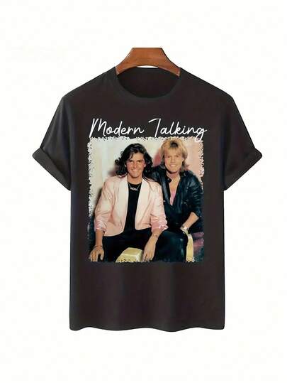 Camiseta Retro para Hombre con Patrón "Modern Talking"| Cuello Redondo Negro, Mangas Cortas, Tela Ligeramente Elástica, Diseño de Impresión Duradero, Ideal para Ropa Casual de Verano y Regalos