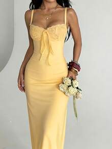 Onicee 夏季连衣裙，黄色蕾丝拼接吊带开衩优雅连衣裙，适合情人节、约会、聚会、派对、旅行、度假、海滩等场合。 - 黃色 - 查看 2