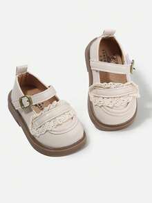 1 Pair Girls' Shallow Flat Leather Casual Shoes, Fashion Soft Bottom Non-Slip Breathable Princess Shoes, Toddler Shoes, Mary Jane Shoes, Loafers, Suitable For Spring, Summer, Autumn, Convenient To Wear - Beige - View 1