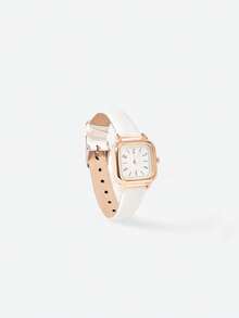 Opalesca Women's Leather Strap Fashionable Simple Square Dial Quartz Wristwatch + Pearl Jewelry Set (5pcs/Set) As A Gift For Students Returning To School - White - View 6