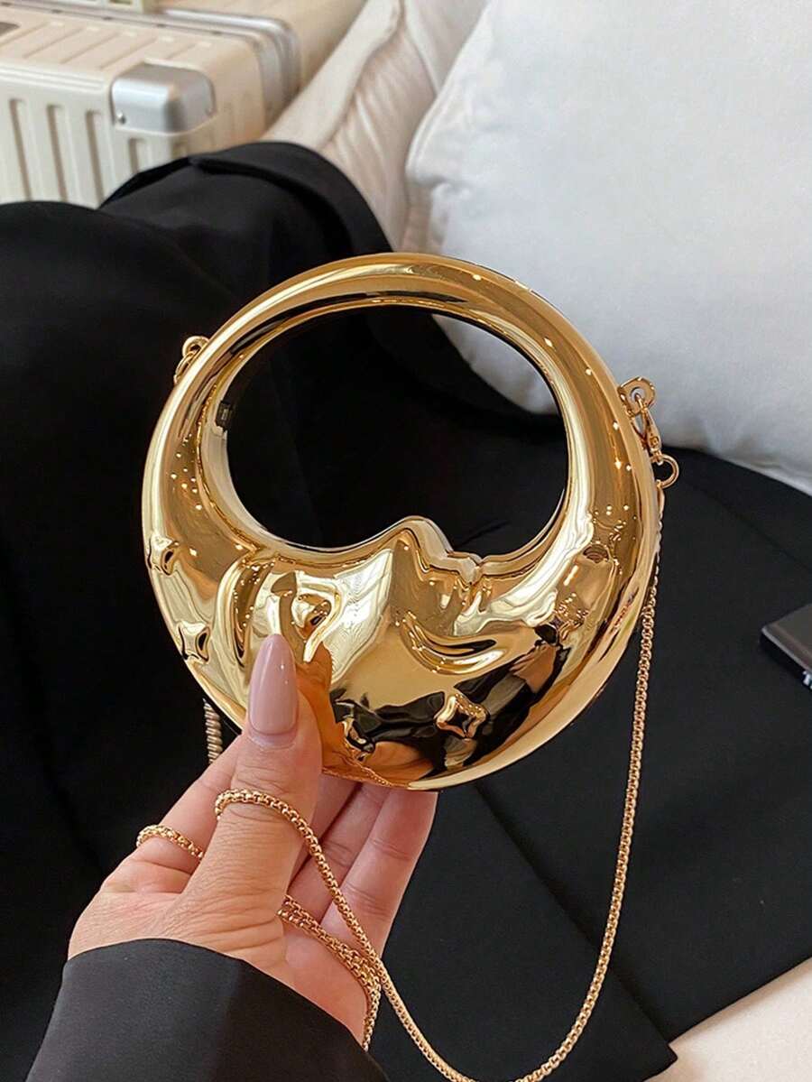 迷你新月形包，零钱包，首饰袋，口红盒，奢华电镀金属光泽新月形晚宴包，优雅闪亮金色腕包，前卫亚克力金属链条手提包，适合婚礼、派对、晚宴等场合，女士手提包，生日礼物，情人节礼物 - 查看 1