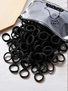 100pcs 2cm Black Elastic Hair Bands, Cute Solid Color Hair Ties, Ponytail Accessories - Black - View 7