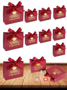 10PCS/1PC/Graduation Season Gift Box / Small Gift Box [With Ribbon] Graduation Cap Gift Box, With Ribbon, Small Gift Box, Can Hold Various Small Items, Suitable For Festivals, Parties, Graduation Season, School Opening Season - Burgundy + Burgundy Ribbon [Graduation Cap] - View 2