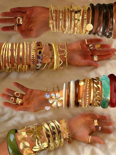 Vintage Elegant Retro Coin Inspired 25-4pcs Metal Multi-Element Geometric Irregular Leopard Print Thick Tie Dye Resin Bracelet Set, Faux Pearl 5-Petal Flower Bow Round Wavy Criss-Cross Hollow Wide Bangle Set, Minimalist Exaggerated Y2K High-End Multilayer Stackable Jewelry Suitable For Women Men Couples Party Wedding Anniversary Gift, Daily Wear