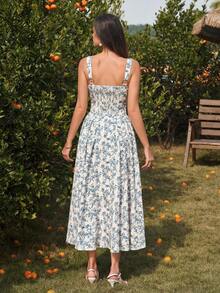 PARTHEA Elegant Women's Long A-Line Dress With V-Neck And Ruched Backless Smocking Bust Shirred Flared Hem Non-Stretch Fabric For Casual Style - Blue and White - View 2