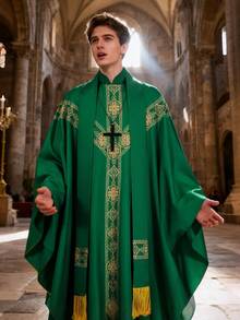中世纪欧洲牧师/僧侣长袍角色扮演服装，包括：印花宽松长袍、流苏、十字架配饰 - 綠色 - 查看 10