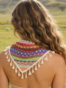 1条波西米亚风女士头巾，彩色波浪条纹流苏三角巾（颜色/图案位置随机）发饰 时尚发带 优雅发箍 女士头巾 夏季度假波西米亚风配饰 - 彩色 - 查看 2