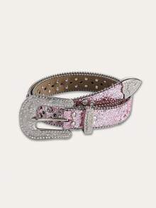 1 pieza Cinturón de mujer estilo europeo y americano de mezclilla con rhinestones, cinturón de cuero punk, accesorio de moda - Rosa - Ver 5