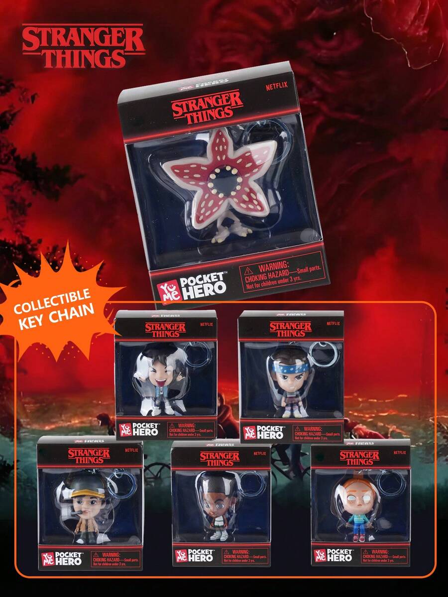 1/6 Netflix 官方授权钥匙扣 - Eleven、Eddie Munson、Dustin Henderson、Lucas Sinclair、Max Mayfield、Demogorgon。可爱迷你人偶钥匙扣，包包挂饰，背包配件，收藏品，圣诞节和新年礼物，送给粉丝的理想之选。