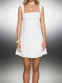 Women's Summer Cami Dress Sleeveless Square Neck Floral Eyelet Embroidery Beach Dress - 白色 - 查看 2
