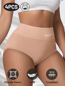 MEIYATING 4pcs Women High Waist Tummy Control White Cotton Letter Print Briefs - Multicolor - View 4