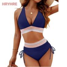 Women High Waisted Bikini Sets Tummy Control Swimsuits Color Block Two Piece Drawstring Bathing Suit Outdoorfun - Navy Blue - View 1