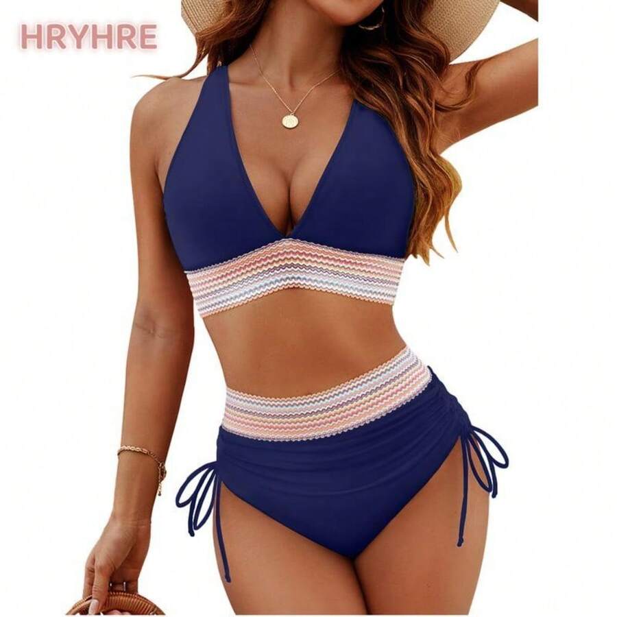 Women High Waisted Bikini Sets Tummy Control Swimsuits Color Block Two Piece Drawstring Bathing Suit Outdoorfun - Navy Blue - View 1