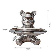 1pc Ceramic Cute Bear Decor With Silver Tray, Living Room Foyer Key Holder Tray, Cabinet Tabletop Decoration, Piggy Bank