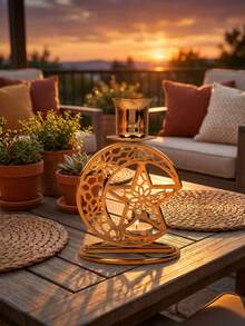 1Pc/Set Star And Moon-Themed Candle Holder. Made Of Bright Gold Metal Wire, It Is Crafted Into A Mesh Hollow Design. The Style Is Minimalist. Suitable For Decorating The Living Room Table Or Bedroom Vanity In A Light Luxury Retro Home, Creating An Atmosphere For Romantic Dinners Or Casual Tea Rooms; It Is Also Suitable For Holiday Decorations And Small Gatherings Featuring Star And Moon Cultural Symbols, Such As Eid. - Multicolor - View 6