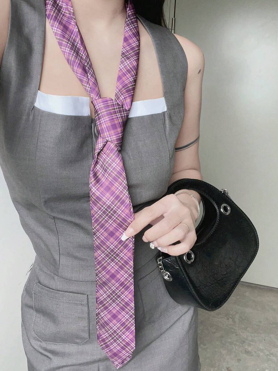 1pc Plaid Casual Street Elegant Polyester Skinny Necktie Scarf Headband Belt 4-In-1 Multifunctional Accessory, Unisex, All Season - Purple - View 1