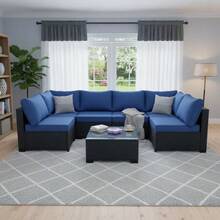 7 Piece Modern Rattan Furniture Set, Outdoor Combination Sofa Parlor Set With Cushions And Pillows - Màu xanh hải quân - Xem 3