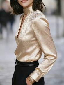 Elegant Jacquard Floral Long Sleeve Shirt With Luxurious Sheen, Suitable For Office Wear, Formal Events, Dates, Or Upscale Gatherings Vacation - Apricot - View 4