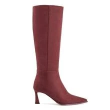 GOTHICTOR Women's Burgundy Knee High Boots Kitten Heel Stiletto Pointed Toe Faux Suede Long Boots Side Zipper Chic Low Heel Tall Boots - 酒紅色 - 查看 5