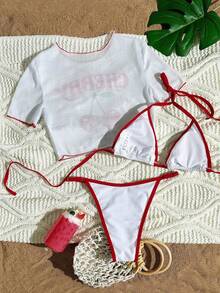Valentine's Day Women's Lingerie Set, Swimsuit Set, 3-Piece Set, French Sweet Style, Short-Sleeved Top With Cherry Print, Halter Neck Tie-Up Bra, No Padded Bra, Breathable Set With Panties, Suitable For Women's Beach Vacation Swimsuit, Everyday Home Lingerie Set - 紅色+白色 - 查看 2
