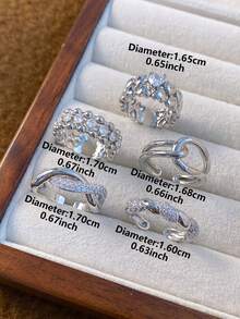 Bộ 5 chiếc nhẫn hình trái tim đan chéo bất đối xứng hình học thanh lịch, đính đá Cubic Zirconia lấp lánh, phù hợp cho nữ giới đeo hàng ngày, đi làm, dự tiệc, đám cưới (Không kèm hộp quà). - Bạc - Xem 7