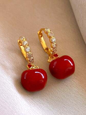 1对复古几何锆石苹果吊坠耳环，时尚简约个性耳环，女士款