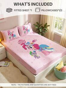 MY LITTLE PONY 2/3pcs  Printed Bedding Set, Including Fitted Sheet, Mattress Protector, Soft & Breathable, Suitable For All Seasons, Available In Multiple Sizes For Twin/Full/Queen/King Beds, Machine Washable, Cartoon Character Design, Warm Room Decor, Great Gift, Pink, OEKO-TEX Certified - Multicolor - View 8