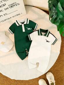 2pcs/Set Baby Boys' Polo Collar Dinosaur Print Short Sleeve Romper, Summer - Multicolor - View 2