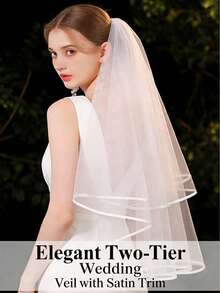 1pc Bride Veil With Double Layer Satin Trim, Simple Face Covering Veil, Romantic Wedding Dress Accessory, Suitable For Travel, Photo Shoot, Bachelorette Party - A - View 1