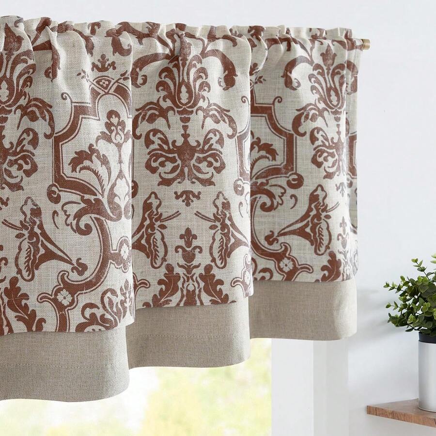 Linen Valance Kitchen Curtain Double Layer 16 Inch Living Room Bedroom Bathroom Window Treatment Blackout Vintage Rustic Farmhouse Cottagecore Rod Pocket 1 Panel On Beige - 巴洛克風格 | 赤陶 - 查看 1