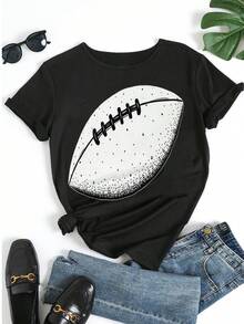 Camiseta de cuello redondo de manga corta con estampado gráfico de fútbol casual para mujer - Camiseta deportiva para el día del partido, ajuste holgado, top básico adecuado para uso casual - Negro - Ver 5