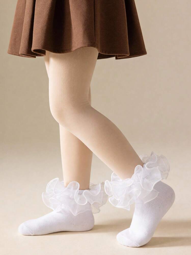 1双棉质女童大蕾丝边舞蹈袜，优雅公主风短袜，适合派对穿着 - 白色 - 查看 6