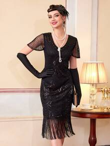 1920s Flapper Dress, Vintage Fringe Sequin Cocktail Dress With Accessories Set - Black - View 5