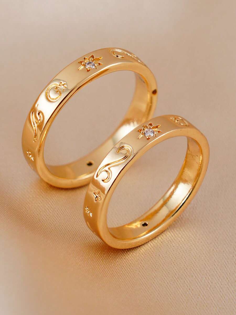 两件套时尚立方氧化锆星月戒指套装,适合订婚、结婚、节日礼物 - 金黃色 - 查看 1