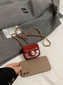 1pc Girls' Solid Color Quilted Embroidery Diamond Grid PU Magnetic Closure Fashion Mini Earphone Bag Crossbody, Suitable For All Seasons Daily Use - A - View 3