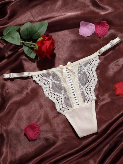 花卉蕾丝提花蝴蝶结可调节女士丁字裤，性感迷人，舒适