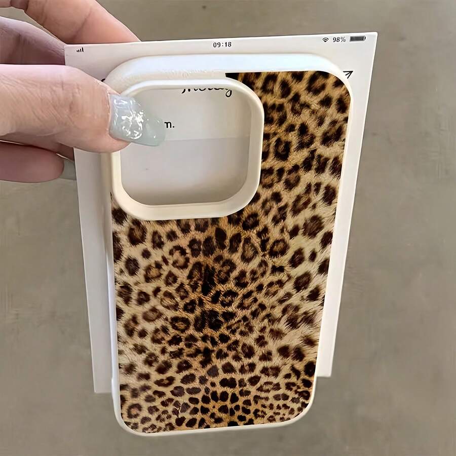 1 件装白色皮革纹理简约个性化全屏美式风格棕色底豹纹图案手机壳,兼容 16 Pro Max、17/16/15/14 Plus、13/12/11、Air 系列 - 彩色 - 查看 1