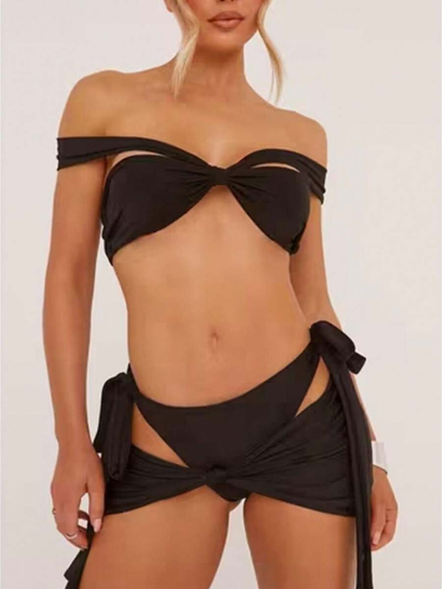 Women's 3 Piece Off Shoulder High Cut Bikini Set With Tie Side Cover Ups - Black - View 1