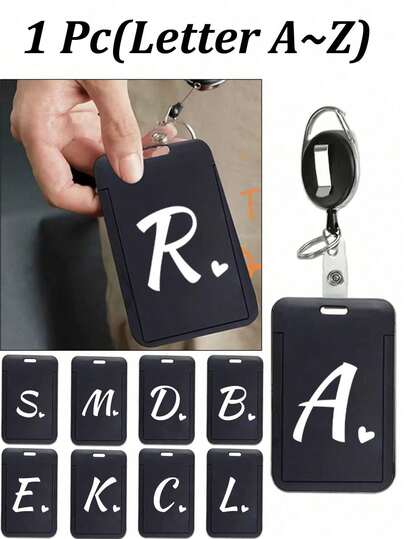 Black Id Card Holder With Black Extendable Scroll Clip, White Love Initials A-Z Print, Anti-Theft Card Cover, Black Thumb Slot Hard Plastic Card Protector, Expandable Id Card Holder, Medical Insurance Protector, Waterproof Medical/Card/Social Security Card Protector, Bus Card Holder, Meal Card Storage,Carry On, Daily Necessities, Perfect Gifts And Souvenirs For Holidays, Birthdays, Parties, Valentine'S Day, And New Year'S