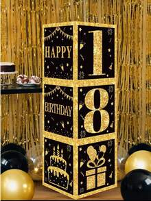 3pcs 27cm Black & Gold Happy Birthday Party Backdrop Decoration Box, 18th Birthday Adult Party Room Wall Decor Supplies, Black & Gold Balloon Filled Box