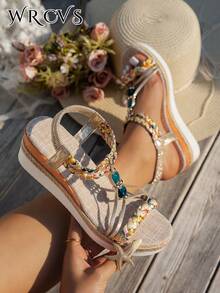 WRCVS Sandal quai ngang dệt màu vàng ánh kim dành cho nữ, sandal đế dày mùa hè, đế dệt thủ công đính hạt với họa tiết hoa ngẫu nhiên, sandal đế xuồng phong cách bohemian nhẹ nhàng cho kỳ nghỉ ngoài trời, phụ kiện du lịch thiết yếu. - Vàng - Xem 3