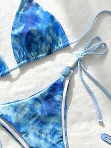 Bộ bikini hai mảnh gợi cảm, tối giản, thanh lịch, thường ngày, lãng mạn, thích hợp cho kỳ nghỉ, du lịch biển, tiệc tùng, in họa tiết toàn thân, đính hạt cườm, kiểu buộc dây cổ, dành cho nữ. - Màu xanh lam - Xem 3