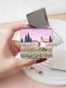 1件装艺术油画风格人像系列折叠式化妆镜，轻巧超薄，便携手持镜，耐用PU皮革材质，适用于多种场景，折叠式方形小镜，方便携带，口袋镜，芭蕾舞者、花田、房屋、猫、女孩、情侣肖像等独特设计，印刷精准细腻，折叠结构，经久耐用，防摔，方便手持，180°翻盖，多功能 - 彩色 - 查看 11