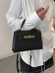 Fashionable Minimalist High-Quality Handheld Box-Shaped Flap Cover Small Square Bag With Metal Buckle, Snap Closure, Chain Strap, Suitable For Daily Outing And Commuting, Women Small Purse - Black - View 3