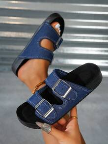 Teenage Girls' Anti-Slip Soft Comfortable Open Toe Plush Slippers, Round Toe Double Strap Design Low Heel Slip-On Fashion Slides