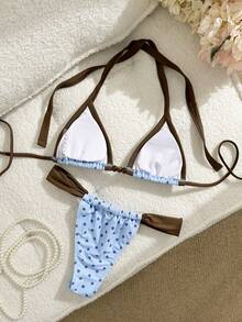 女士新款波点印花撞色滚边三角比基尼上衣和系带泳裤两件套泳衣，蓝色和棕色度假沙滩装 - 彩色 - 查看 4