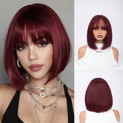 Burgundy Bob Wigs For Women 4X4 Glueless Lace Bob Wig With Bangs 12Inch 99J Color Wine Red Straight Human Hair Wigs 200 Density Transparent Pre Cut Lace Glueless Put On And Go Christmas Halloween Wigs Natural Looking For Daily Use Party And Cosplay