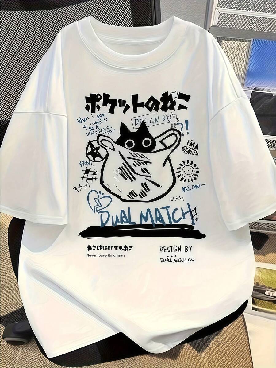 Uni Y2K Japanese Anime Graphic T-Shirt - Cute Chibi Cat & Kawaii Mangrint, Stretchy - Blend, Soft Breathable Lightweight Crew Neck Short Sleeve Tee For Men & Women, Casual Streetwear Spring - 白色 - 查看 1