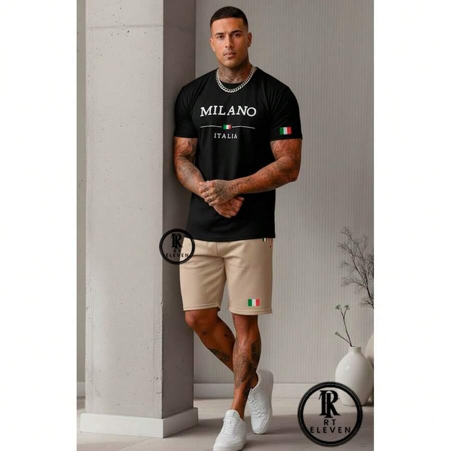 Conjunto Camiseta + Short Moletom Estampado Milano Itália Street Camiseta Malha Linha Premium + Short Mauricinho RT Elev - Camiseta Preta Bermuda Bege - Visão 1